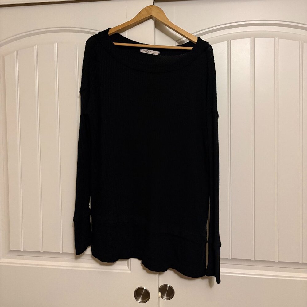 We The Free Thermal Shirt Black Small Waffle Knit Long Sleeve Oversized Slouchy